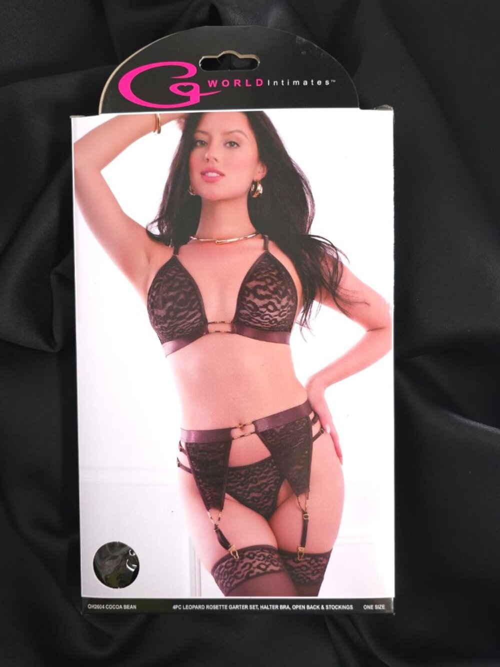 G World Intimates Cocoa Bean Leopard Lace 4 Piece Garter Lingerie Set OH2604